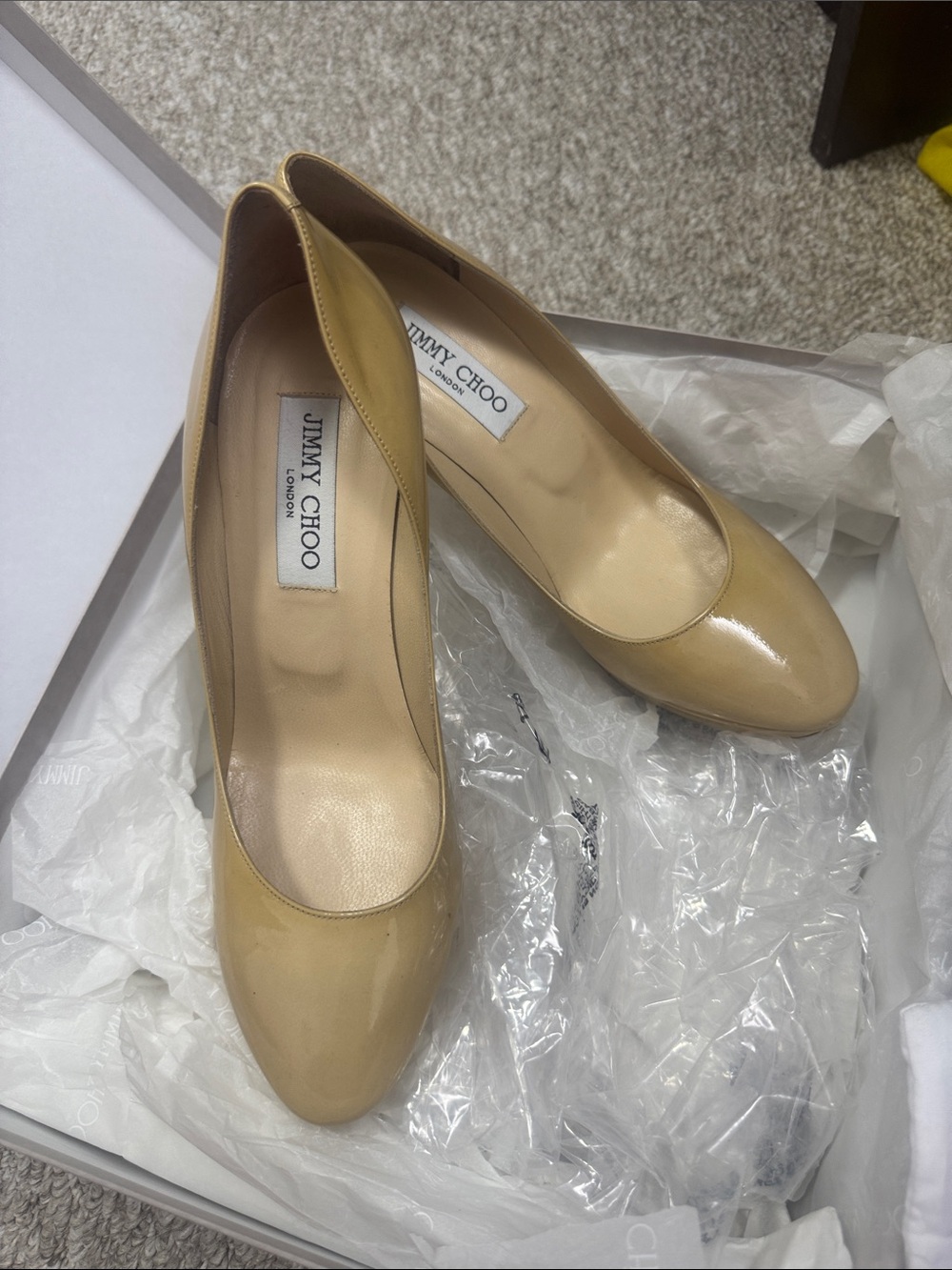 Jimmy Choo Beige Patent Leather Round-Toe Pumps